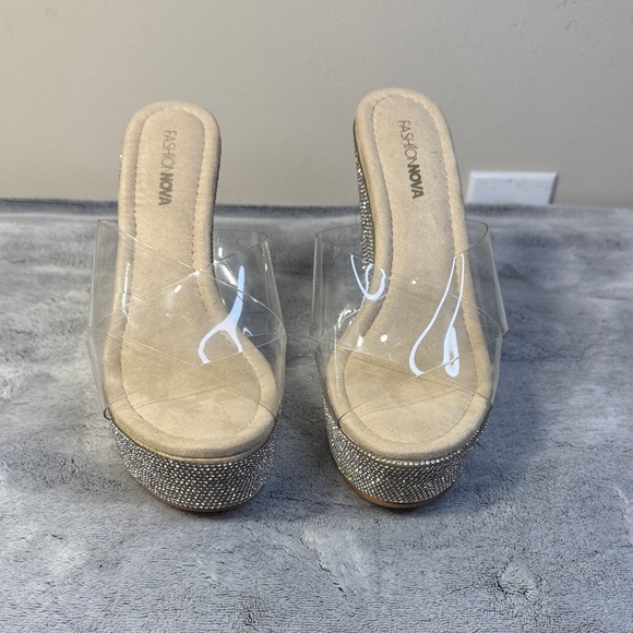NEW Fashion Nova “Always Ready” Rhinestone Wedges - Size 6.5 - Nude - NWOB - Picture 5 of 13